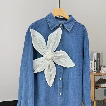 Classy Denim 3D Flower Shirt