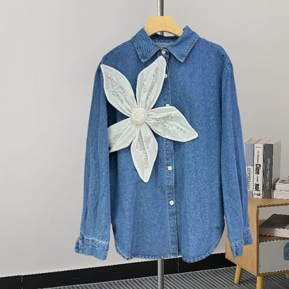 Classy Denim 3D Flower Shirt