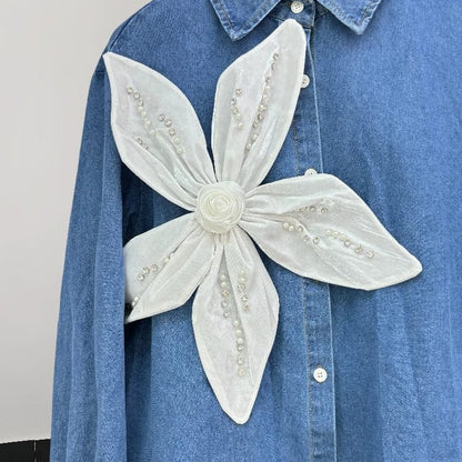 Classy Denim 3D Flower Shirt